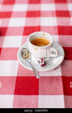 Empty coffee cup lying on red checked tablecloth Stock Photo