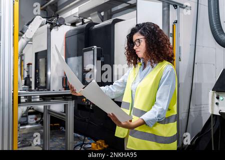 Young engineer examining blueprints standing by machine in industry Stock Photo