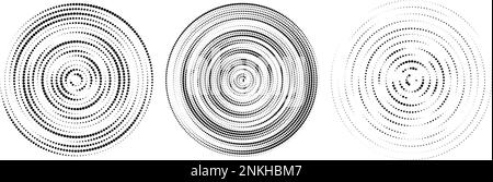 Concentric halftone circles set. Dotted sound wave rings collection. Epicentre, target, radar icon concept. Radial signal, vibration or water elements. Vector  Stock Vector