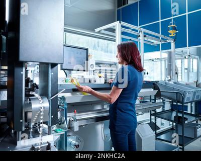 Mature engineer looking at computer working in factory Stock Photo