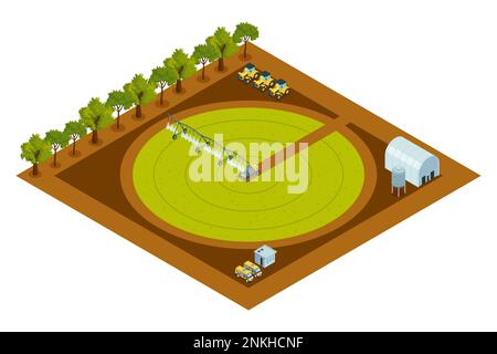 Circular irrigation system isometric composition with device on wheels moving across field isolated on white background vector illustration Stock Vector