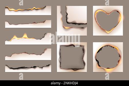 Burned paper realistic set with isolated images of paper sheets with burning edges and holes inside vector illustration Stock Vector