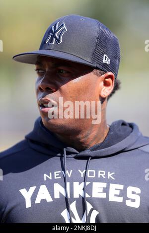 TAMPA, FL - MARCH 15: Aroldis Chapman (54) smiles as he goes thru a drill  during the Yankees spring training workout on March 15, 2022, at  Steinbrenner Field in Tampa, FL. (Photo