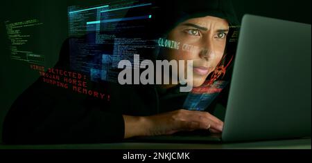 Indian woman, hacker and code overlay of banking and credit card fraud with coding graphic. Programmer, criminal and finance software hack with a Stock Photo