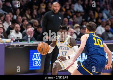 Los Angeles, USA. 23rd Feb, 2023. Basketball: NBA, main round, Los Angeles Lakers - Golden State Warriors. Lakers pro Dennis Schröder (l) in action. Credit: Maximilian Haupt/dpa/Alamy Live News Stock Photo