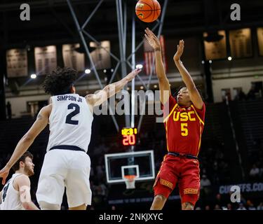 February 23, 2023: USC Trojans guard Boogie Ellis (5) shoots over Colorado Buffaloes guard KJ Simpson (2). in the second half of the men's basketball game between Colorado and USC in Boulder, CO. Derek Regensburger/CSM. Stock Photo