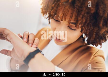 Black woman, business and check watch with schedule and clock, closeup and face with appointment. Professional female, time management and calendar Stock Photo