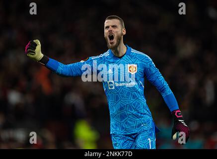 Manchester, UK. 24th Feb, 2023. Manchester United's goalkeeper David de Gea celebrates his side's first goal during the UEFA Europa League play-off 2nd leg match between Manchester United and Barcelona in Manchester, Britain, Feb. 23, 2023. Credit: Xinhua/Alamy Live News Stock Photo