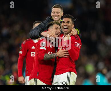 Manchester, UK. 24th Feb, 2023. Manchester United's players celebrate at the final whistle of the UEFA Europa League play-off 2nd leg match between Manchester United and Barcelona in Manchester, Britain, Feb. 23, 2023. Credit: Xinhua/Alamy Live News Stock Photo