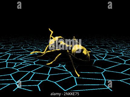 Retro futurism dotwork style ant on the cracked land. Technology and nature concept with retro sci-fi comic book style. Stock Vector