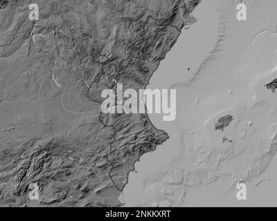 Comunidad Valenciana, autonomous community of Spain. Bilevel elevation map with lakes and rivers Stock Photo