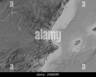 Comunidad Valenciana, autonomous community of Spain. Grayscale elevation map with lakes and rivers Stock Photo