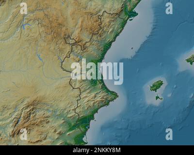 Comunidad Valenciana, autonomous community of Spain. Colored elevation map with lakes and rivers Stock Photo