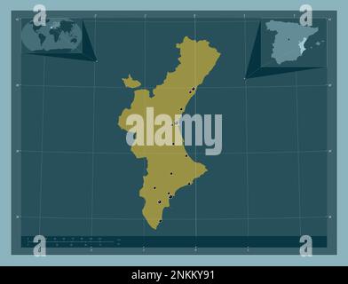 Comunidad Valenciana, autonomous community of Spain. Solid color shape. Locations of major cities of the region. Corner auxiliary location maps Stock Photo