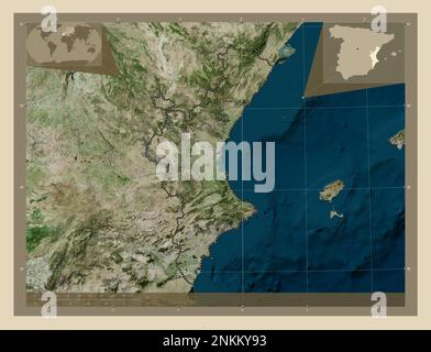 Comunidad Valenciana, autonomous community of Spain. High resolution satellite map. Corner auxiliary location maps Stock Photo