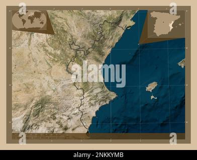 Comunidad Valenciana, autonomous community of Spain. Low resolution satellite map. Corner auxiliary location maps Stock Photo