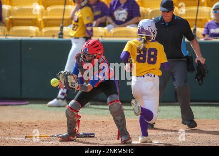 March 6, 2022: LSU's Ciara Briggs (88) tries to drive a base hit up the ...