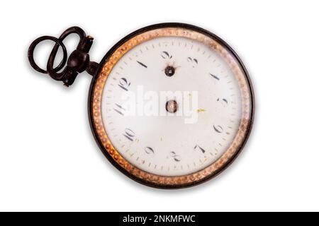 old pocket watch without hands on a white background Stock Photo