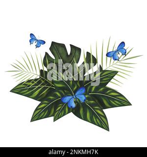 Composition tropic variegated leaves Monstera and palm with blue butterfly watercolor isolated on white background. Watercolor hand drawn botanical ll Stock Photo