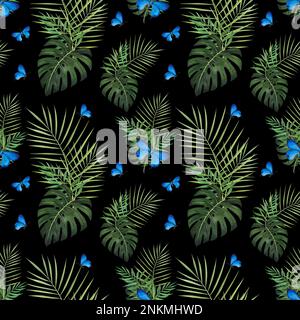seamless pattern tropic leaf Monstera, date palm and butterfly watercolor isolated on white background. Watercolor hand drawn botanical llustration fo Stock Photo