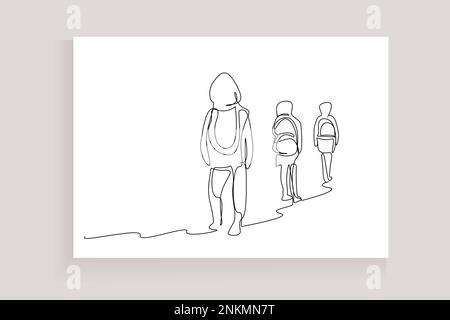 people nature trekking hiking walking together back view Stock Vector