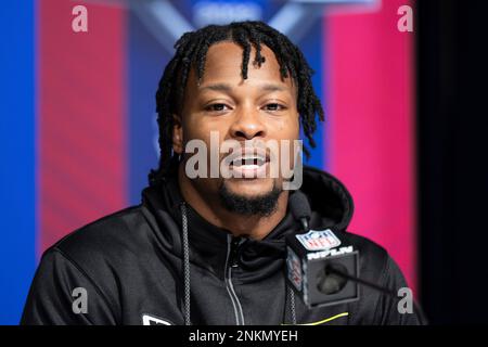 INDIANAPOLIS, IN - MARCH 03: North Carolina offensive lineman Joshua Ezeudu  answers questions from the media during the NFL Scouting Combine on March  3, 2022, at the Indiana Convention Center in Indianapolis