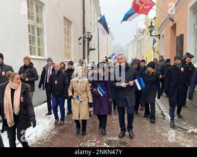 Tallinn, Estonia. 24th Feb, 2023. EU Commission President Ursula von der Leyen, Estonian Prime Minister Kaja Kallas and NATO Secretary General Jens Stoltenberg walk through the Upper Town of Tallinn Credit: Alexander Welscher/dpa/Alamy Live News Stock Photo