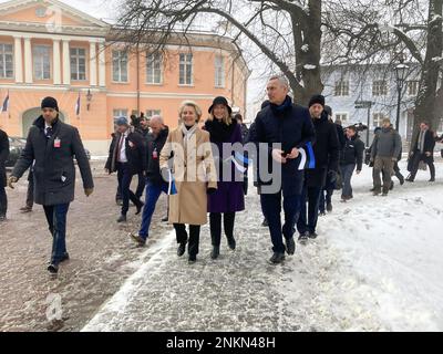 Tallinn, Estonia. 24th Feb, 2023. EU Commission President Ursula von der Leyen, Estonian Prime Minister Kaja Kallas and NATO Secretary General Jens Stoltenberg walk through the Upper Town of Tallinn Credit: Alexander Welscher/dpa/Alamy Live News Stock Photo