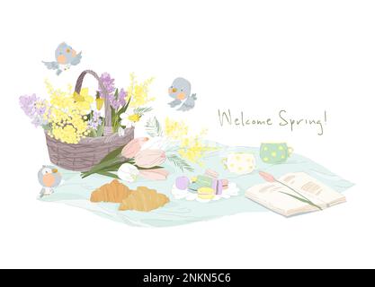 Lovely Spring Picnic Scene with Croissant, Flowers and Macarons Stock Vector