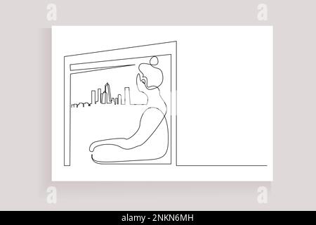 young woman sits comfortably looking out the window at the big buildings in the city Stock Vector