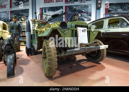 ZELENOGORSK, RUSSIA - FEBRUARY 23, 2023: Soviet military all-wheel drive car of GAZ-67 in the museum of retro cars 'Horse Power' Stock Photo