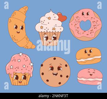 Collection cute cartoon characters pastry. Groovy Retro sweets croissant, cupcake, donut, chocolate chip cookies and macarons. Vector illustration. Is Stock Vector