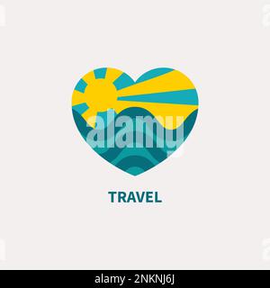 Heart, sea and sun logotype, travel icon. Summer logo, resort, weekend. Love of travel, nature Stock Vector