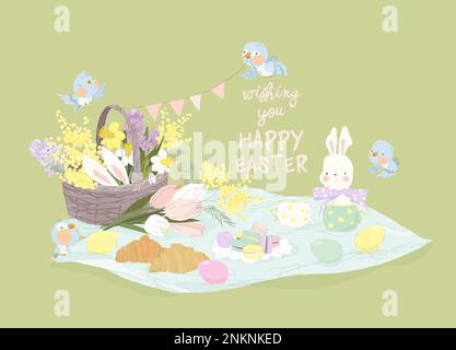 Easter Spring Picnic Scene with Easter Eggs, Flowers and Bunnies Stock Vector