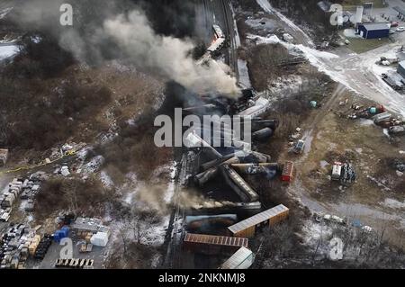 (230224) -- WASHINGTON, Feb. 24, 2023 (Xinhua) -- This video screenshot released by the U.S. National Transportation Safety Board (NTSB) shows the site of a derailed freight train in East Palestine, Ohio, the United States. TO GO WITH 'Roundup: U.S. agency releases report on Ohio train derailment but questions, concerns linger' (NTSB/Handout via Xinhua) Stock Photo