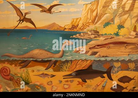 England, Dorset, Dorchester, Dorset Museum, Wall Painting depicting Historical Scene of The Jurassic Coast Stock Photo