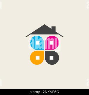 CMYK logo in shape of house. Drops of paint cyan, magenta, yellow and black. CMYK vector icon for print business Stock Vector