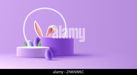 Spring Easter podium, cylinder pedestal with eggs and bunny ears and neon glowing circle, violet colors Stock Vector