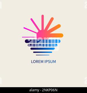 Sunset and sea with sun. Summer linear logo, travel vector illustration. Landscape creative concept. Vector illustration Stock Vector