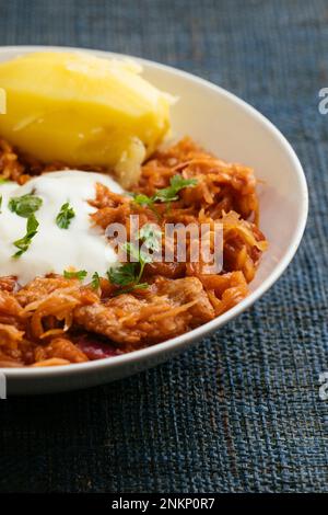 Vegan version of the traditional Szekely goulash with sauerkraut and TVP Stock Photo