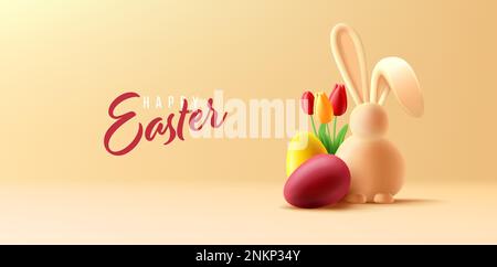 Easter poster with 3d render illustration of coloured eggs, easter bunny and tulips flower on orange background Stock Vector