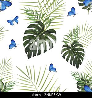 seamless pattern tropic leaf Monstera, date palm and butterfly watercolor isolated on white background. Watercolor hand drawn botanical llustration fo Stock Photo