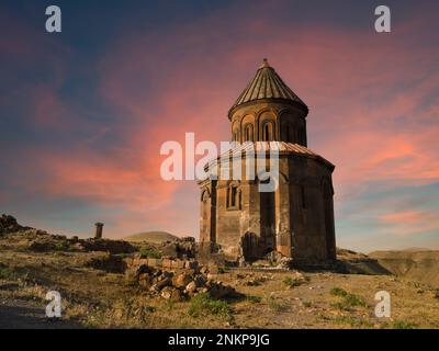 Historic church of Saint Gregory of Abumarents at sunrise time. Old Armenian city of Ani, a UNESCO World Heritage Site located. Turkey travel Stock Photo