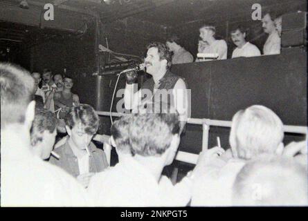 USA recording star and Hi-NRG singer Paul Parker performing at Hero's club, a gay club in Manchester, UK, in 1983. He had a hit with 'Right on Target' in 1982. Stock Photo