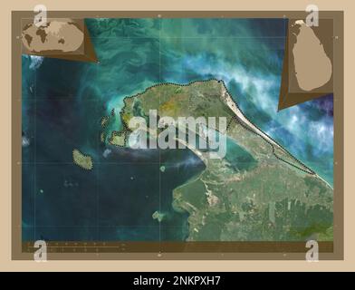 Jaffna, district of Sri Lanka. Low resolution satellite map. Locations of major cities of the region. Corner auxiliary location maps Stock Photo