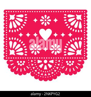 Mexican traditional Papel Picado vector design with heart and flowers inspired by traditional party cut out decoration from Mexico Stock Vector