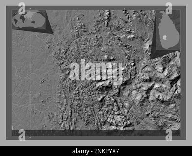 Kegalle, district of Sri Lanka. Bilevel elevation map with lakes and rivers. Corner auxiliary location maps Stock Photo