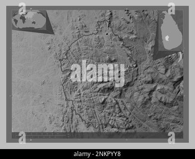 Kegalle, district of Sri Lanka. Grayscale elevation map with lakes and rivers. Locations of major cities of the region. Corner auxiliary location maps Stock Photo