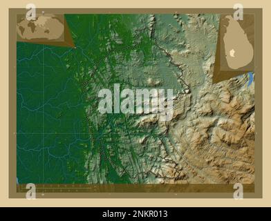 Kegalle, district of Sri Lanka. Colored elevation map with lakes and rivers. Corner auxiliary location maps Stock Photo