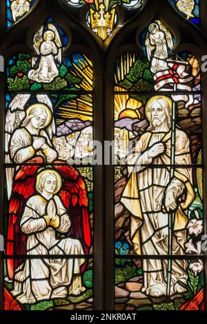 Stained glass windows depicting the resurrection of Jesus Christ, St Marys Church, Burrough on the Hill, Leicestershire, England, UK Stock Photo